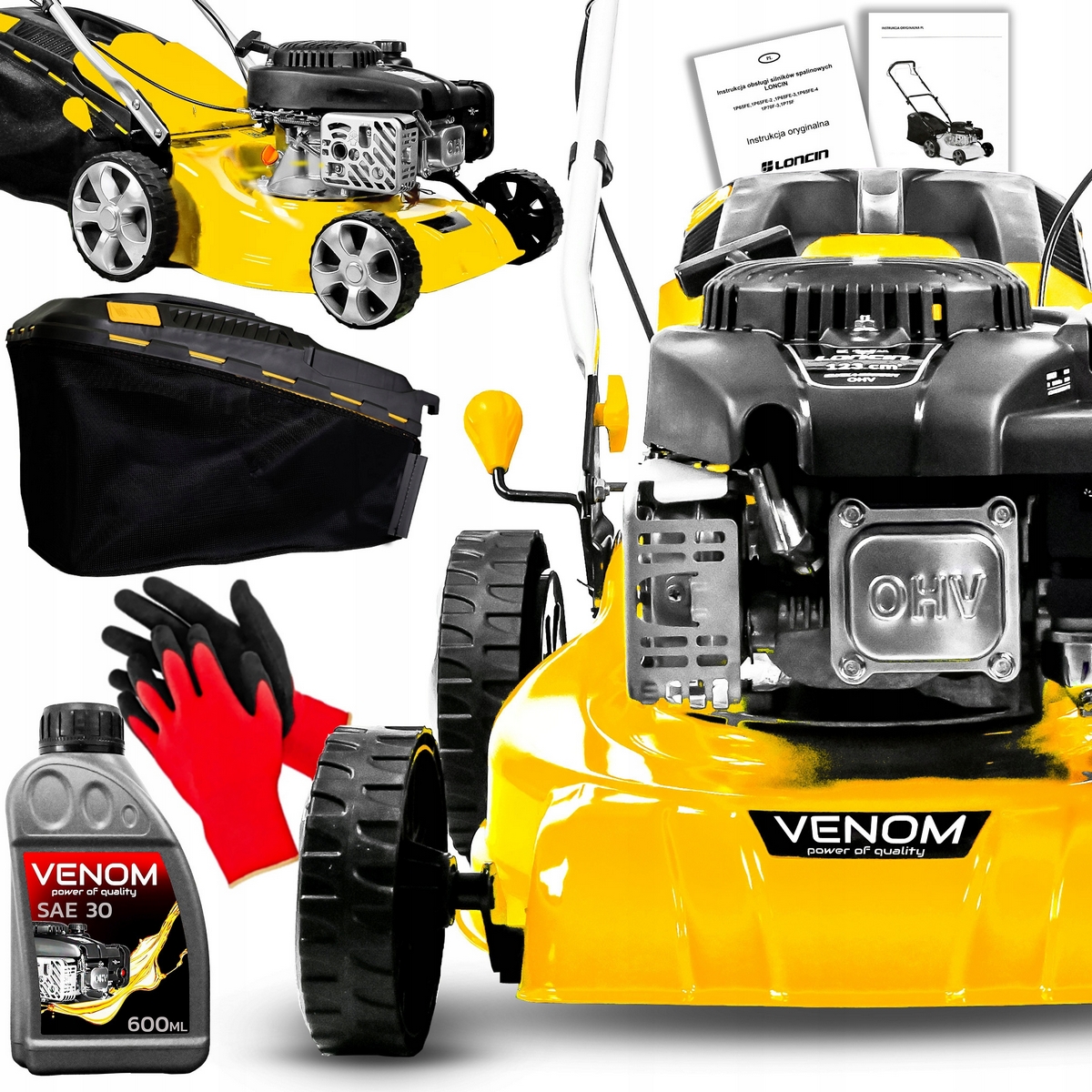 Benzínová kosačka Venom s košom, objem 123 cm³. košík 40 l, šírka rezu 41 cm